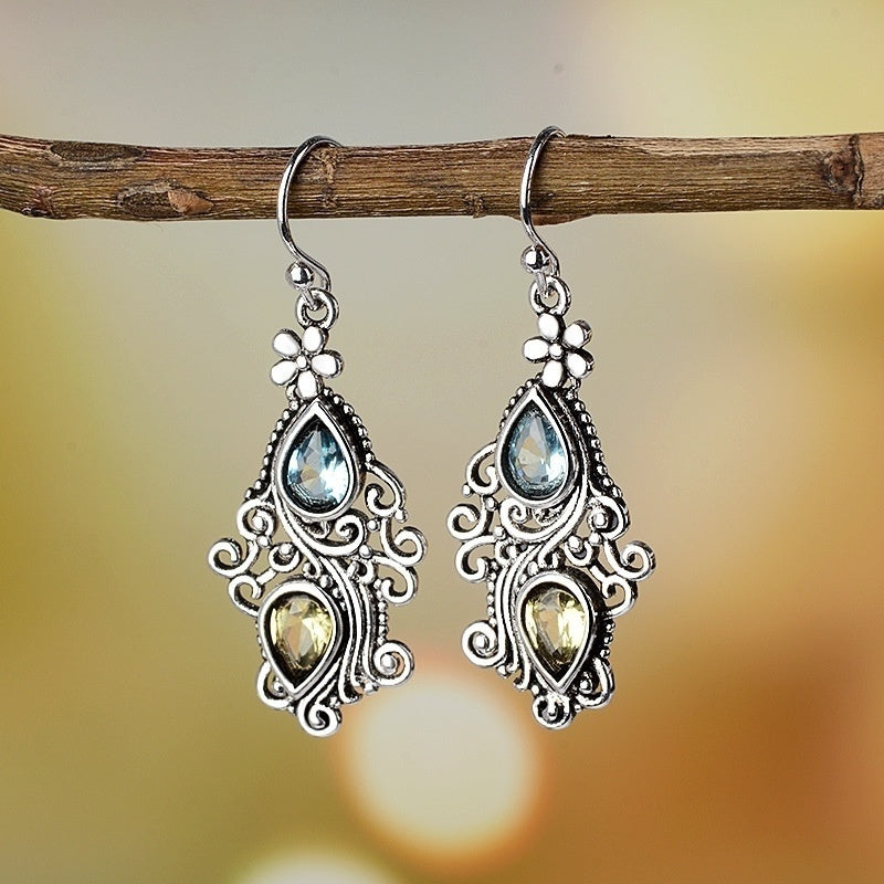 Boho Flower Water Drop Earrings Retro Crystal Stone Banquet Jewelry