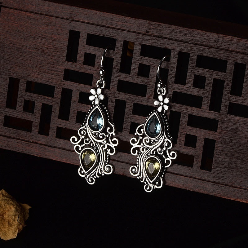 Boho Flower Water Drop Earrings Retro Crystal Stone Banquet Jewelry