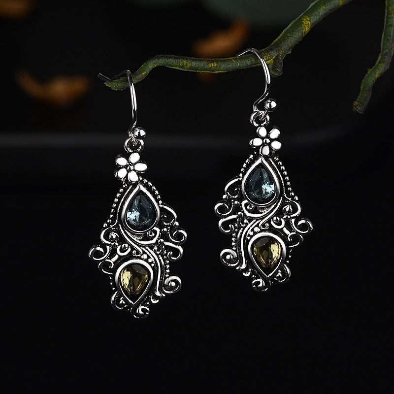 Boho Flower Water Drop Earrings Retro Crystal Stone Banquet Jewelry