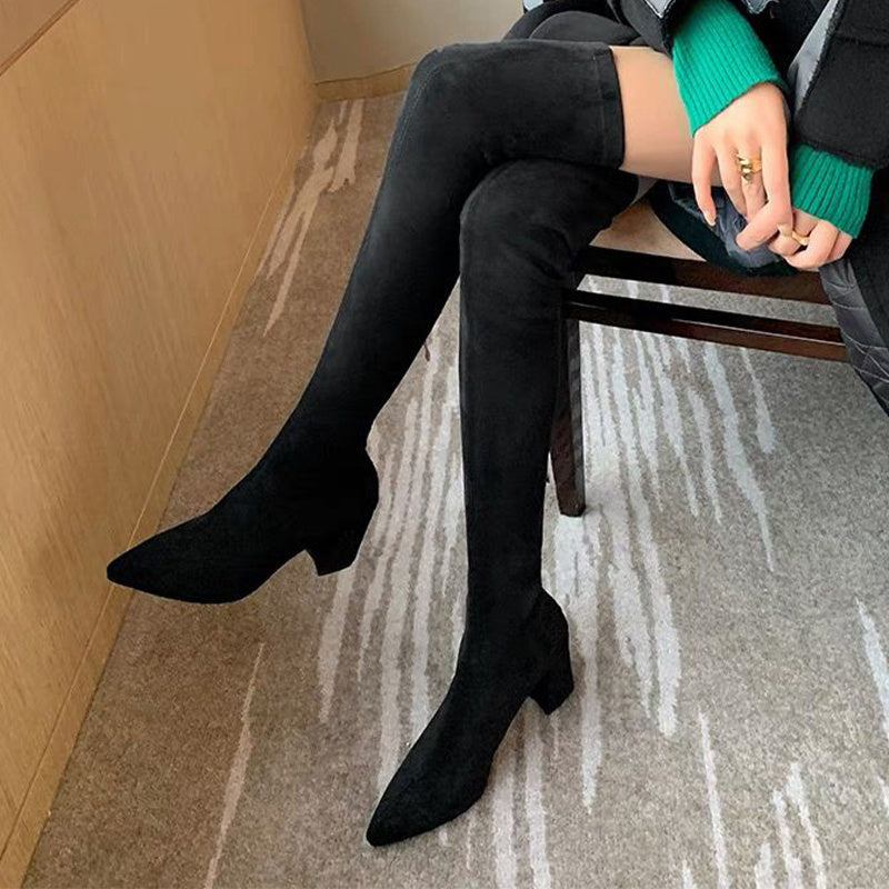 Chunky Heeled Over The Knee Boots Zip Back Long Boots