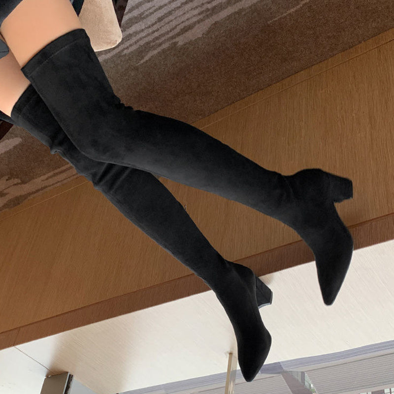 Chunky Heeled Over The Knee Boots Zip Back Long Boots