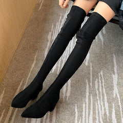 Chunky Heeled Over The Knee Boots Zip Back Long Boots