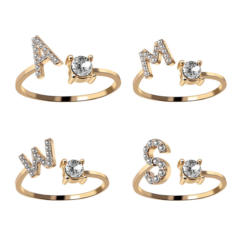 Golden Stackable Alphabet Rings Crystal Initial Rings Adjustable Bridesmaid
