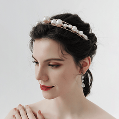 Double Row Rhinestones Faux Pearls Crown Headband