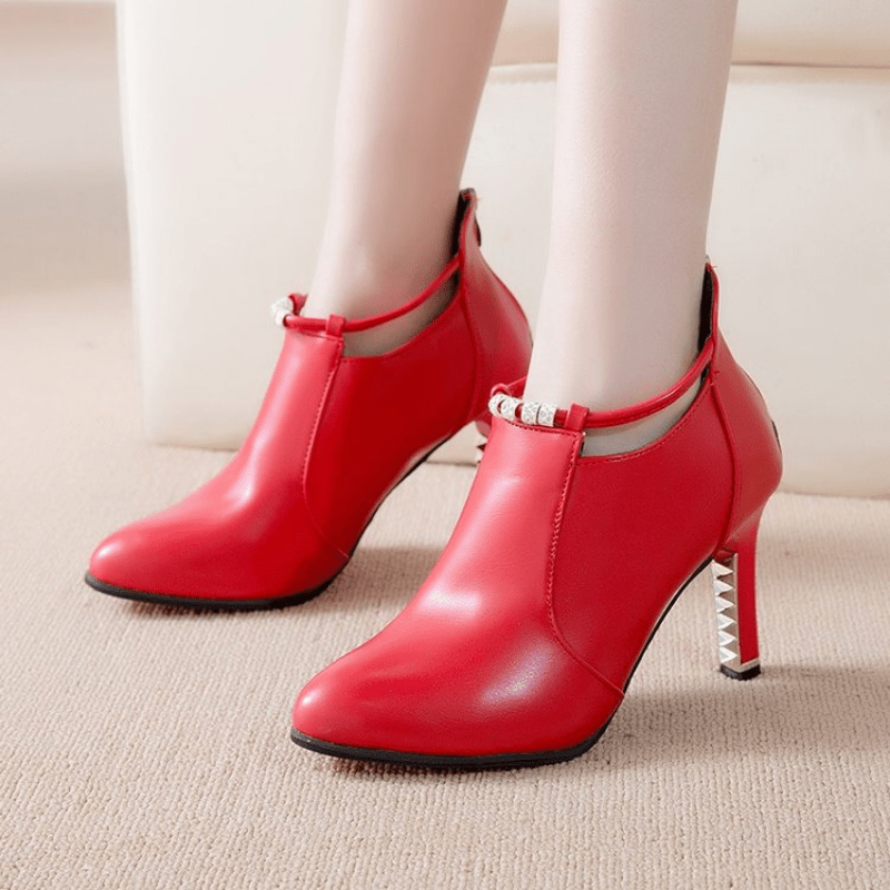 Pointed Toe Stiletto Heeled Short Boots Zipper Booties Women's Shoes