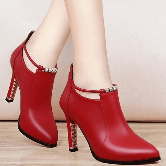 Pointed Toe Stiletto Heeled Short Boots Zipper Booties Women's Shoes