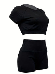 Sporty Solid Two piece Set Short Sleeve Crop Top & Skinny Shorts