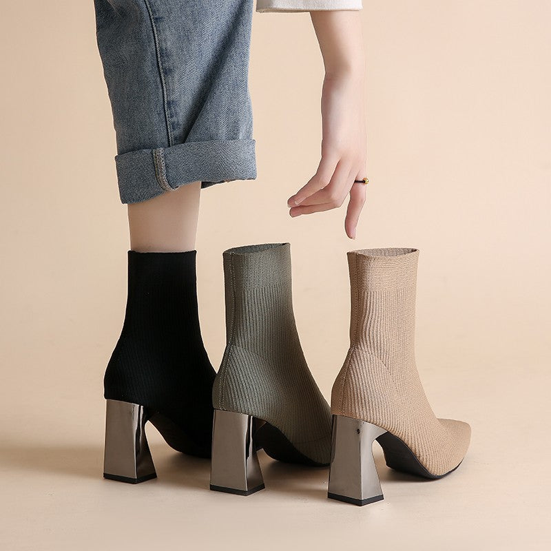 Metal Heels Socks Boots Stretch Ankle Boots Women's Footwear