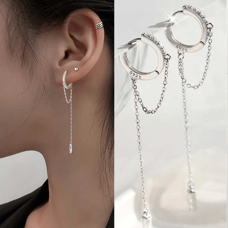 925 Silver Plated Tassel Hoop Dangle Earrings for Women
