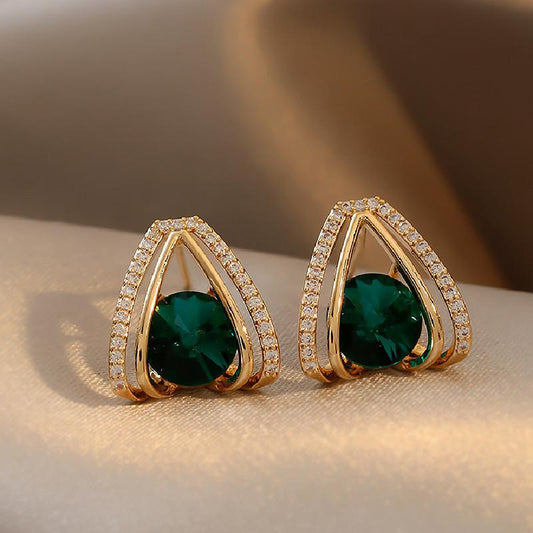 Green Stone Stud Earrings 18K Plated Women Girls 1Pair