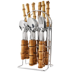 24pcs Stainless Steel Dinnerware Set With Bamboo Handles - Fork, Spoon, Rack