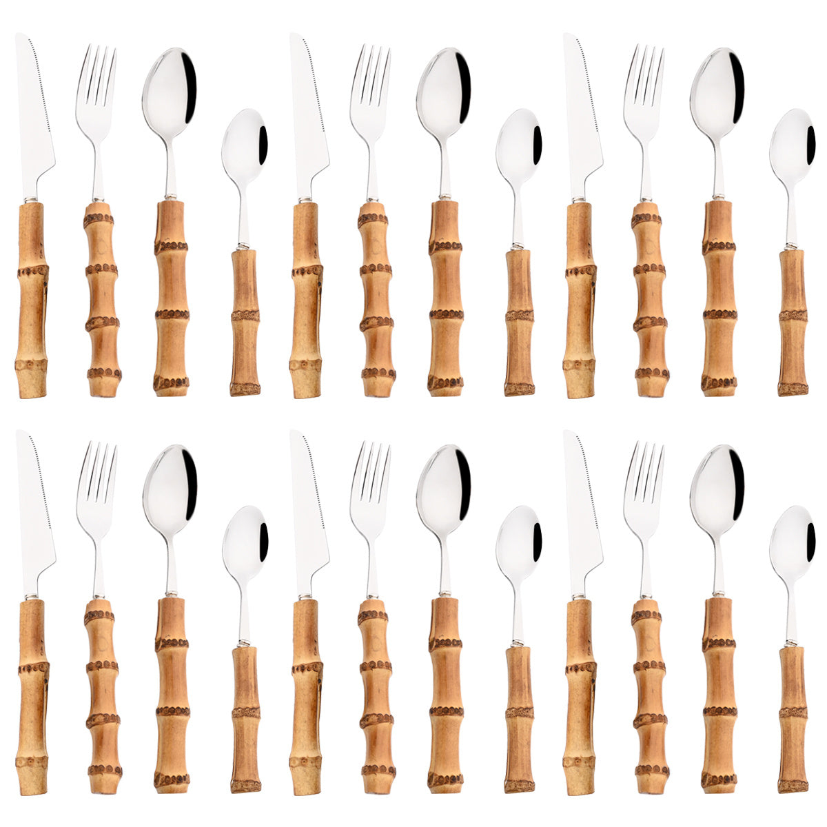 24pcs Stainless Steel Dinnerware Set With Bamboo Handles - Fork, Spoon, Rack