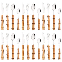 24pcs Stainless Steel Dinnerware Set With Bamboo Handles - Fork, Spoon, Rack