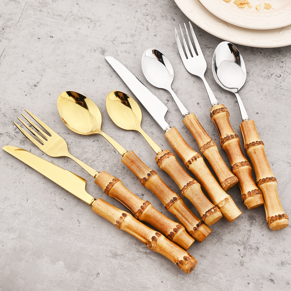 24pcs Stainless Steel Dinnerware Set With Bamboo Handles - Fork, Spoon, Rack