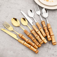 24pcs Stainless Steel Dinnerware Set With Bamboo Handles - Fork, Spoon, Rack