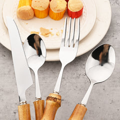 24pcs Stainless Steel Dinnerware Set With Bamboo Handles - Fork, Spoon, Rack