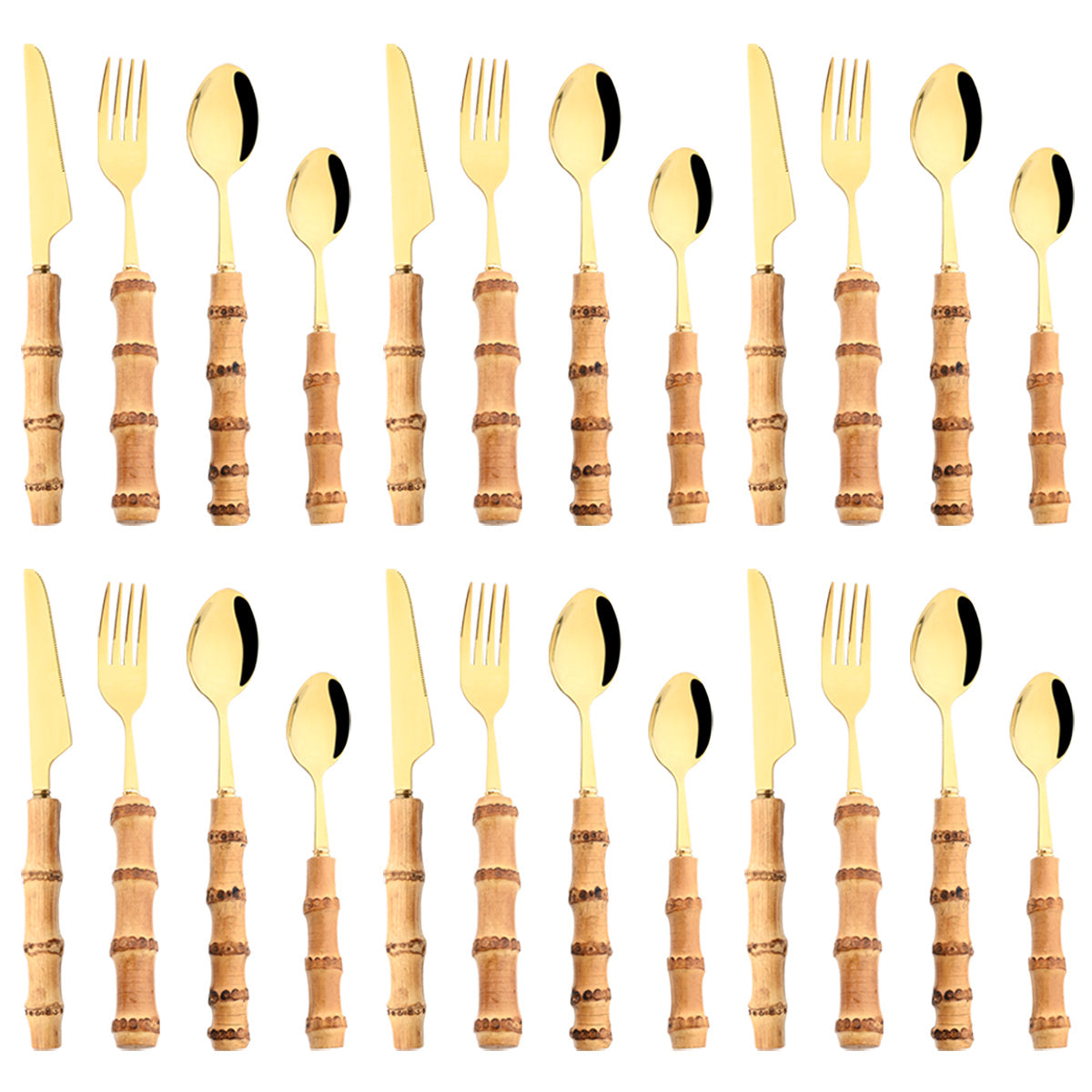 24pcs Stainless Steel Dinnerware Set With Bamboo Handles - Fork, Spoon, Rack