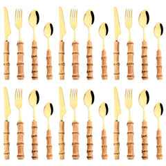 24pcs Stainless Steel Dinnerware Set With Bamboo Handles - Fork, Spoon, Rack