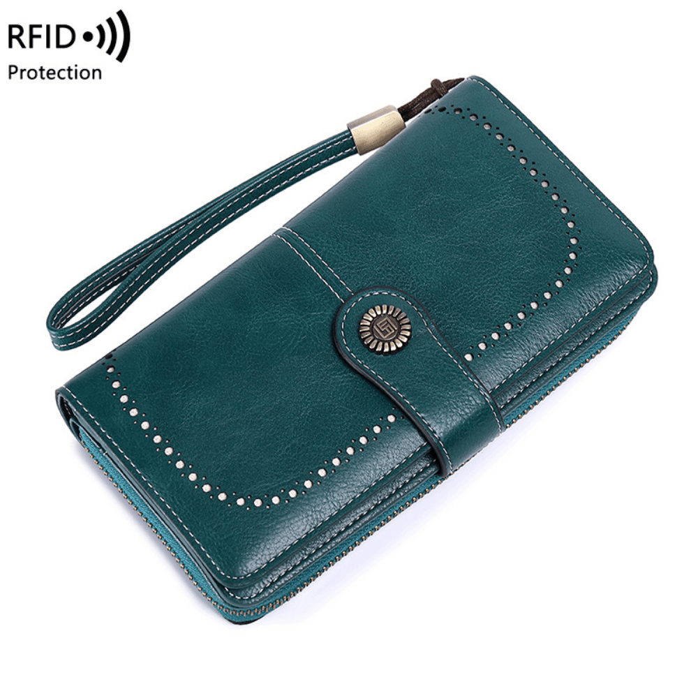 RFID Blocking Long Wallet with Wristlet Retro Style Faux Leather Wallet