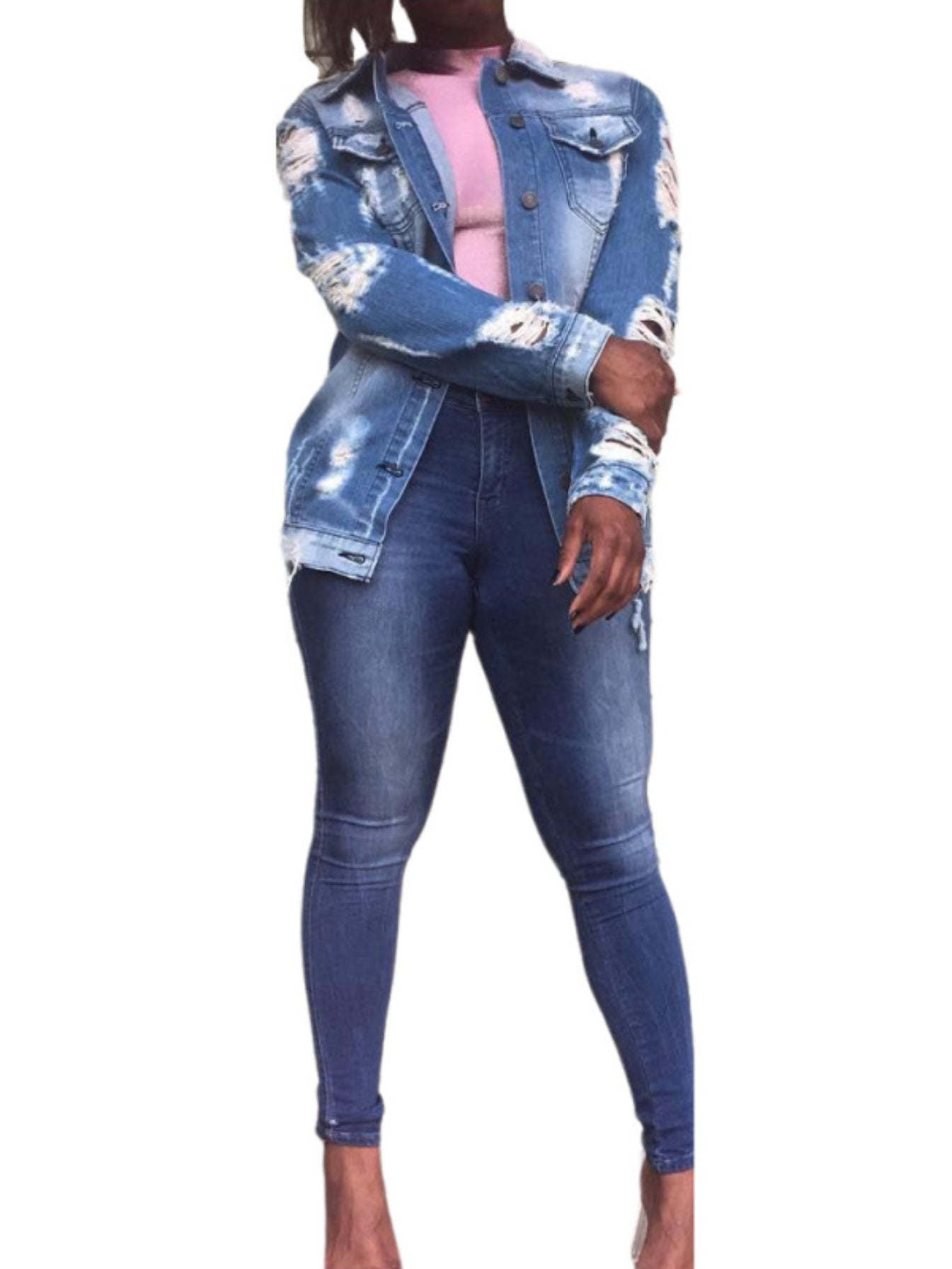 Distressed Denim Jacket with Flap Pockets