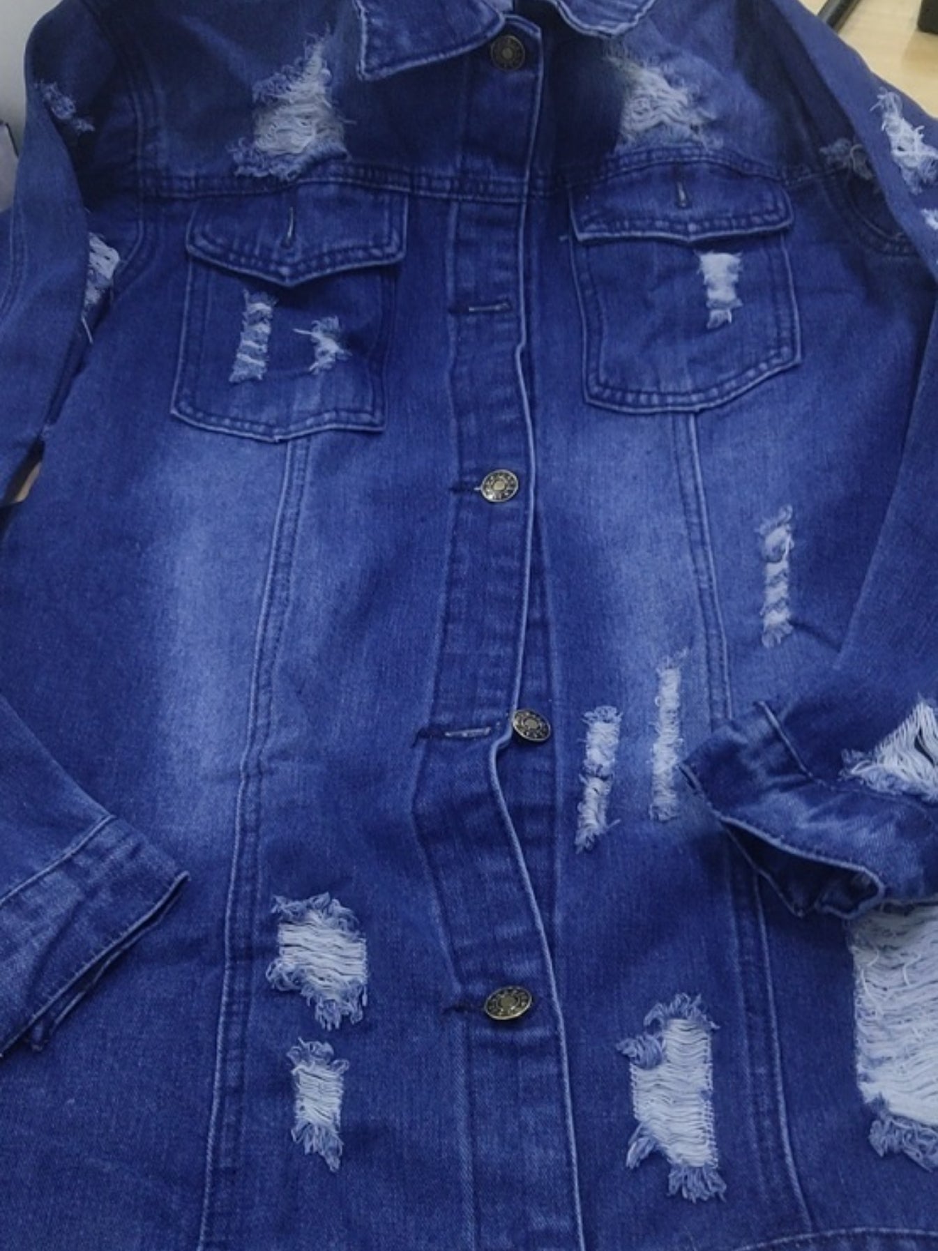 Distressed Denim Jacket with Flap Pockets