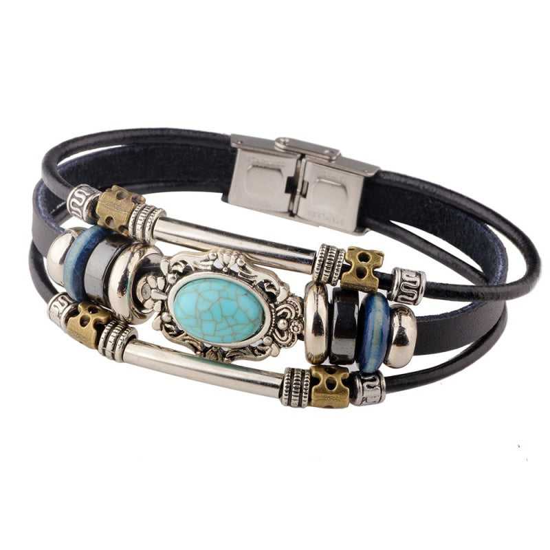 Men's Vintage PU Leather Bracelet Palace Style Beaded Bracelet