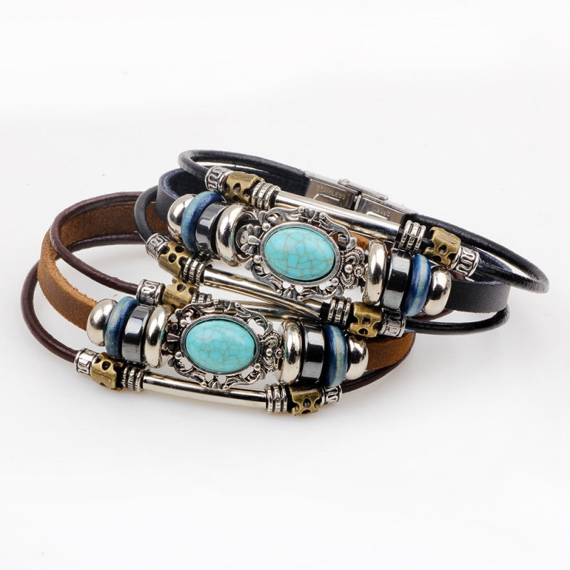 Men's Vintage PU Leather Bracelet Palace Style Beaded Bracelet