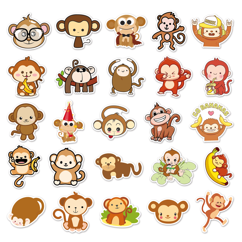 50pcs Monkeys Waterproof Doodle Stickers for Laptop Water Bottle Scrapbooki