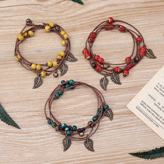 Boho Rope Bracelet with Leaf Shaped Stone Beads