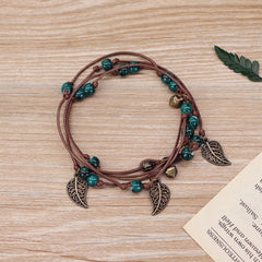 Boho Rope Bracelet with Leaf Shaped Stone Beads