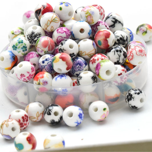 30pcs Round Floral Ceramic Beads 10mm Flower Porcelain DIY Jewelry
