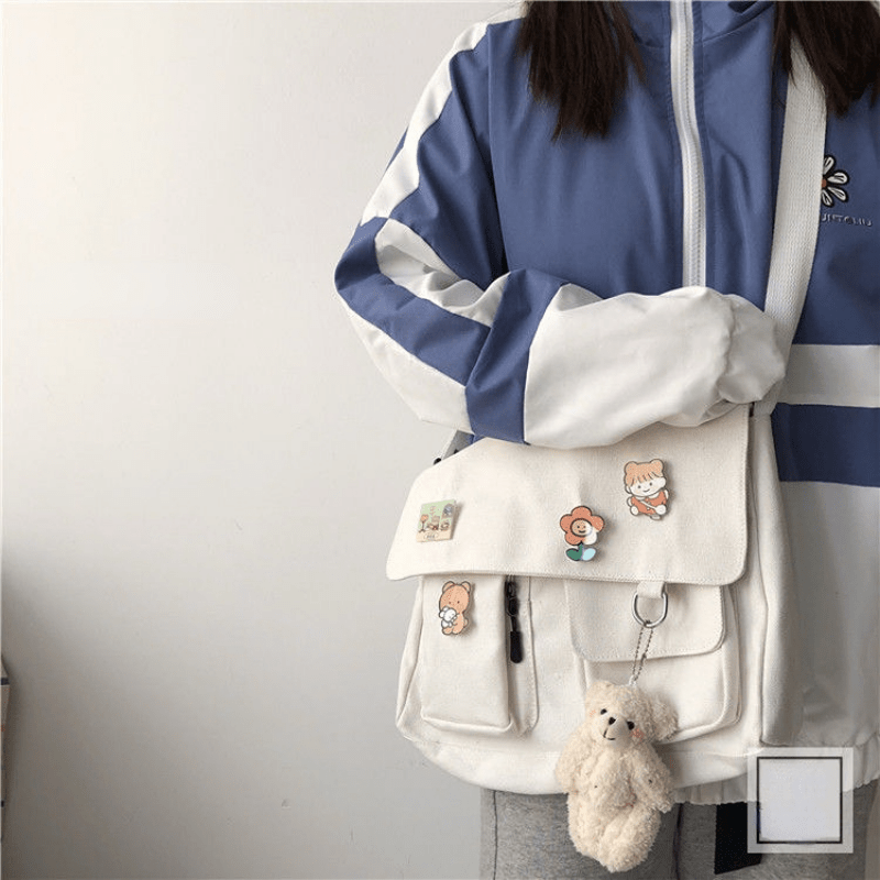 Canvas Crossbody Bag with Flap Pocket and Fuzzy Doll