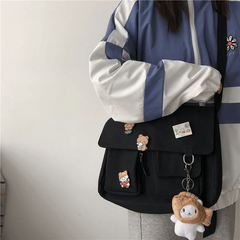 Canvas Crossbody Bag with Flap Pocket and Fuzzy Doll