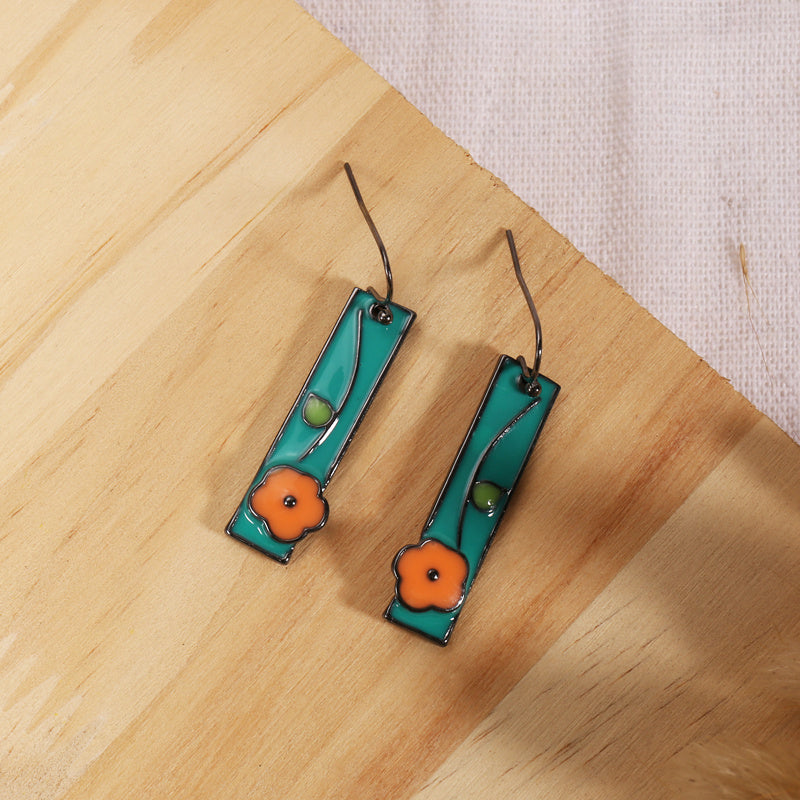 Boho Vintage Geometric Triangle Floral Drop Dangle Earrings 925 Silver Plated