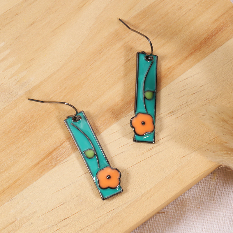 Boho Vintage Geometric Triangle Floral Drop Dangle Earrings 925 Silver Plated