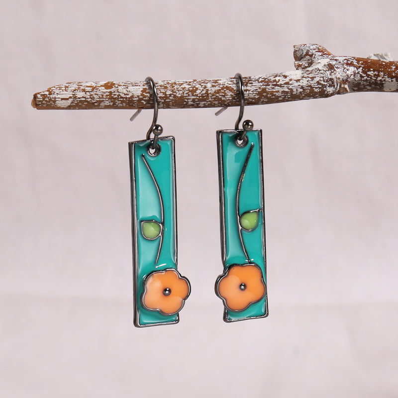 Boho Vintage Geometric Triangle Floral Drop Dangle Earrings 925 Silver Plated