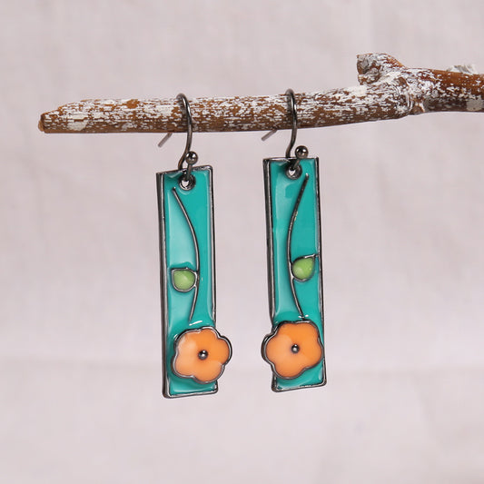 Boho Vintage Geometric Triangle Floral Drop Dangle Earrings 925 Silver Plated