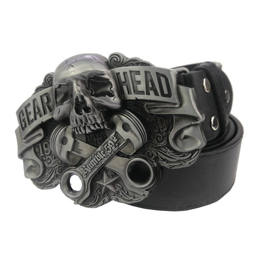 Men's Silver Skull Metal Belt Buckle with Leather Belt