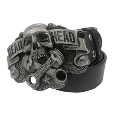 Men's Silver Skull Metal Belt Buckle with Leather Belt