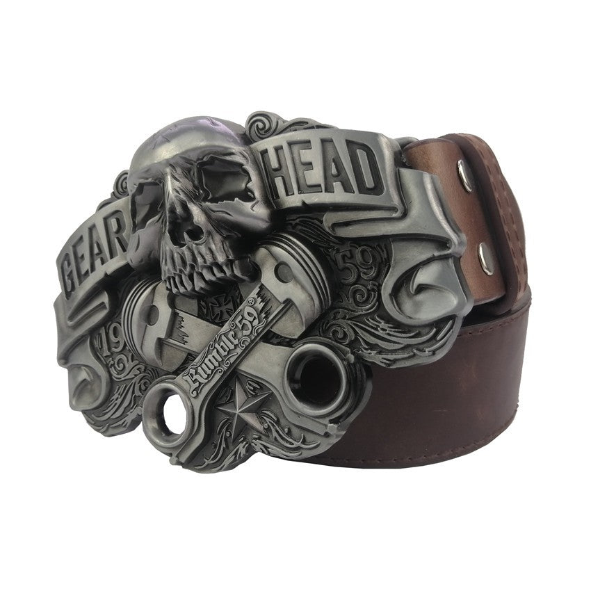 Men's Silver Skull Metal Belt Buckle with Leather Belt