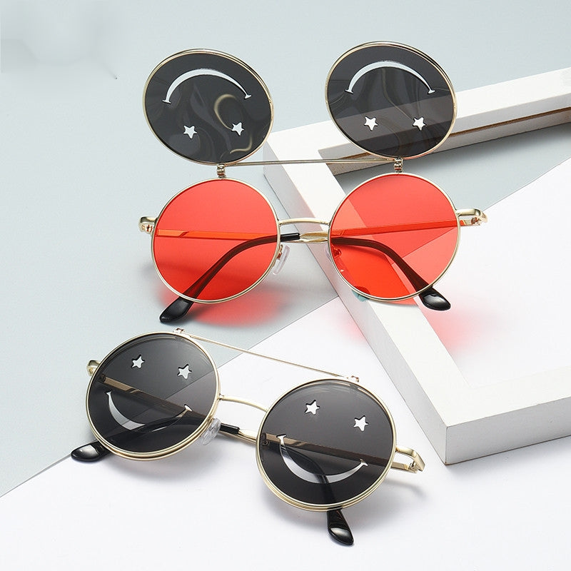 Round Shooting Props Metal Sunglasses Face Flip Lovely Sun Glasses