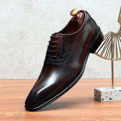 Men's Leather Square Toe Whole cut Brogue Oxford Shoes