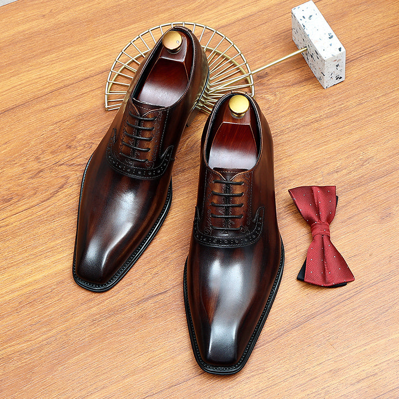 Men's Leather Square Toe Whole cut Brogue Oxford Shoes