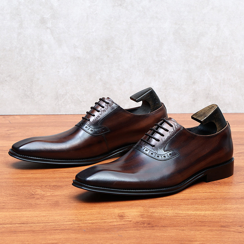 Men's Leather Square Toe Whole cut Brogue Oxford Shoes