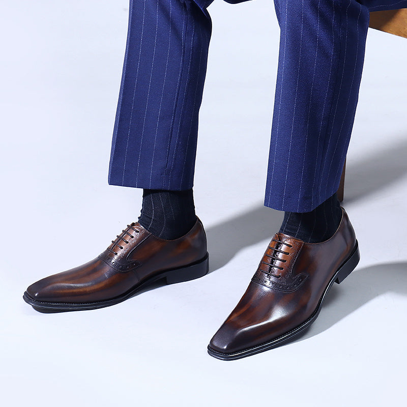 Men's Leather Square Toe Whole cut Brogue Oxford Shoes