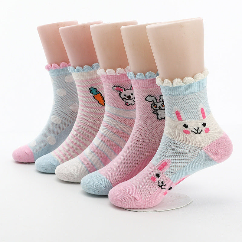 5 Pairs Kids Mesh Rabbit Pattern Crew Socks Girls Easter Party