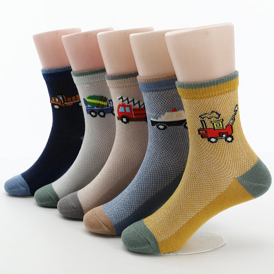 Kids Cartoon Car Pattern Cotton Crew Socks - 5 Pairs