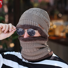 Autumn Winter Plus Fleece Cap Mens Knitted Hat Scarf Two piece Set