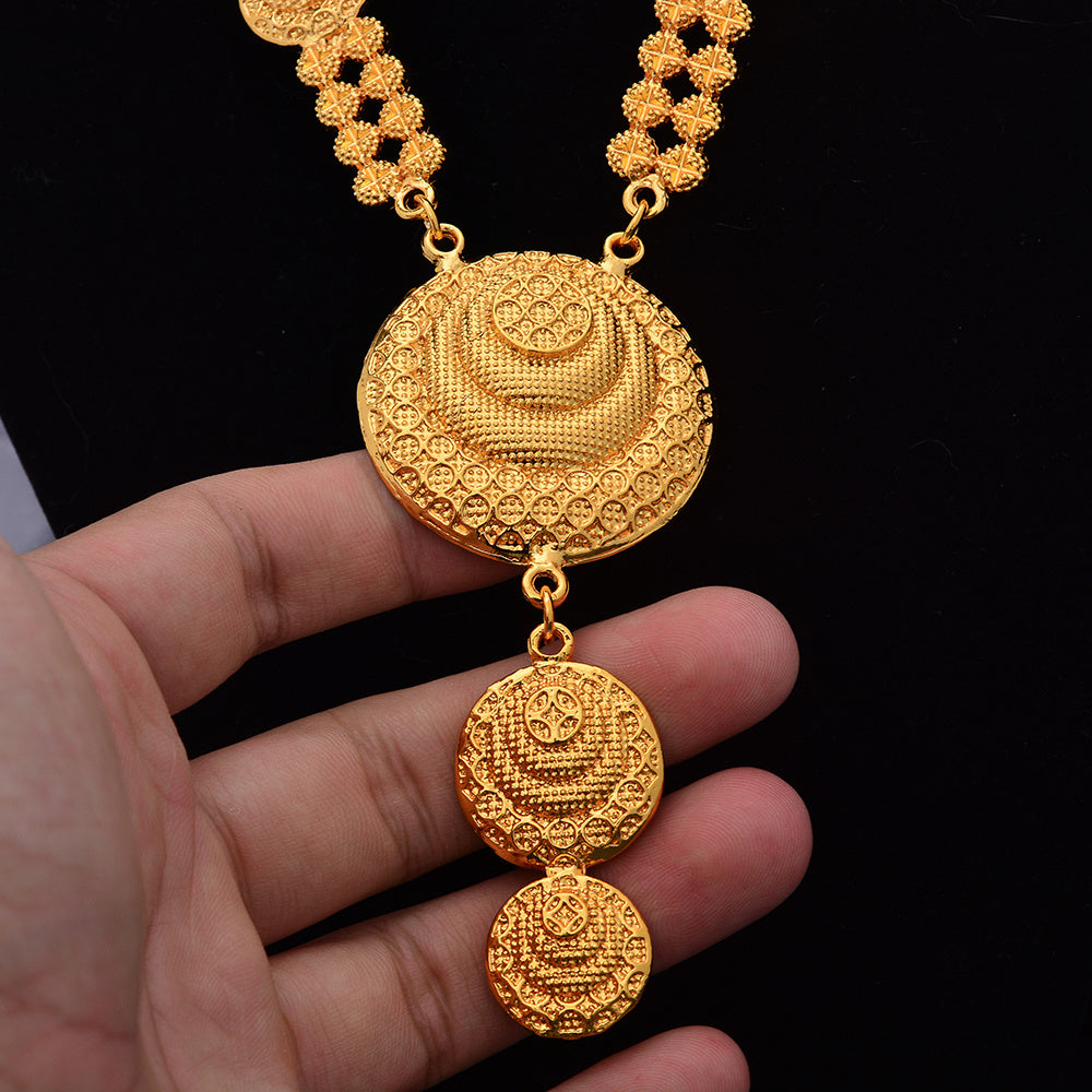 Vintage Copper Jewelry Set Pendant Necklace & Dangle Earrings 24K Plated