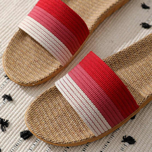 Women's Striped Flax Sole House Slippers Open Toe Lightweight Comfy Home Slides